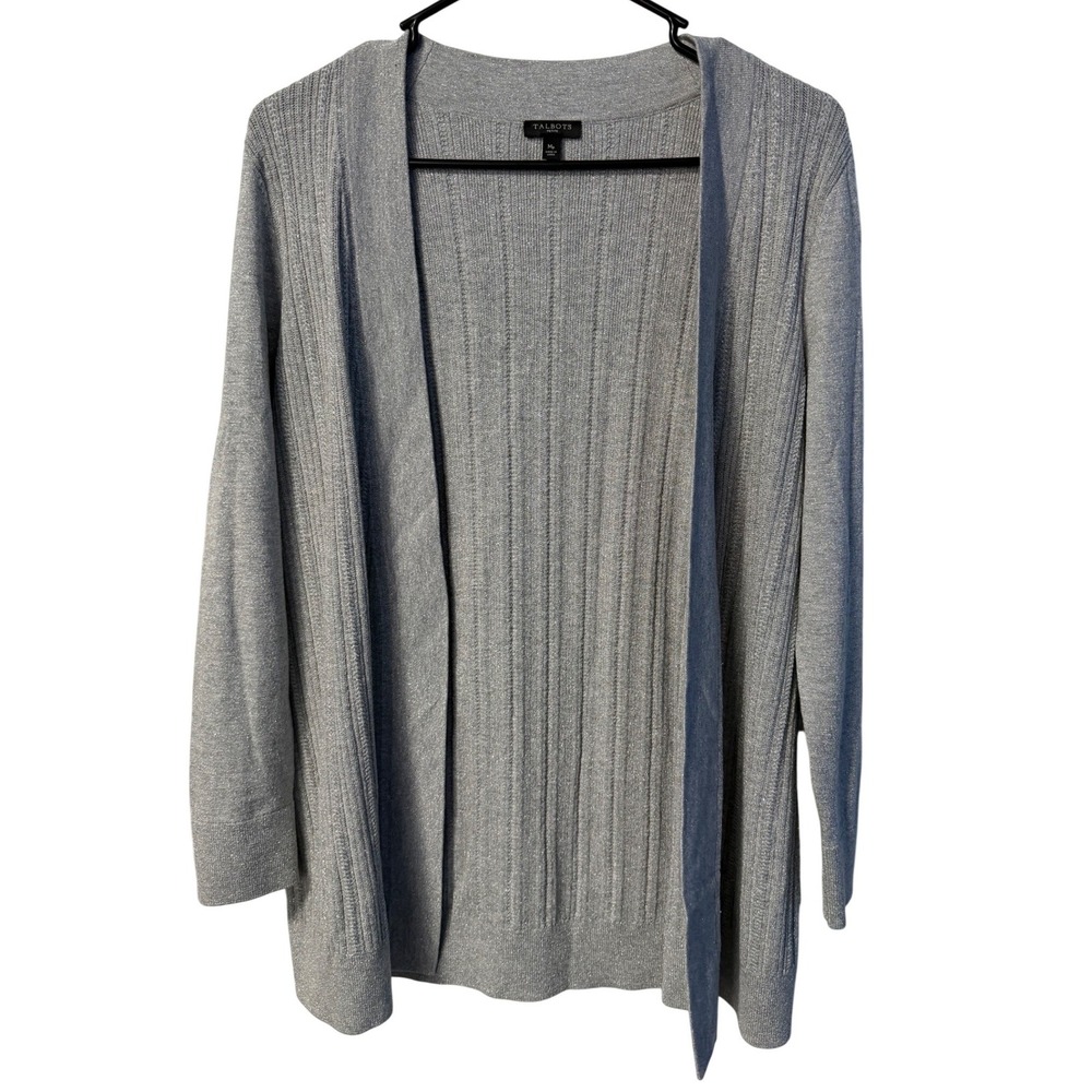 Talbots Cardigan Womens MP Grey Metallic Ribbed Open Front